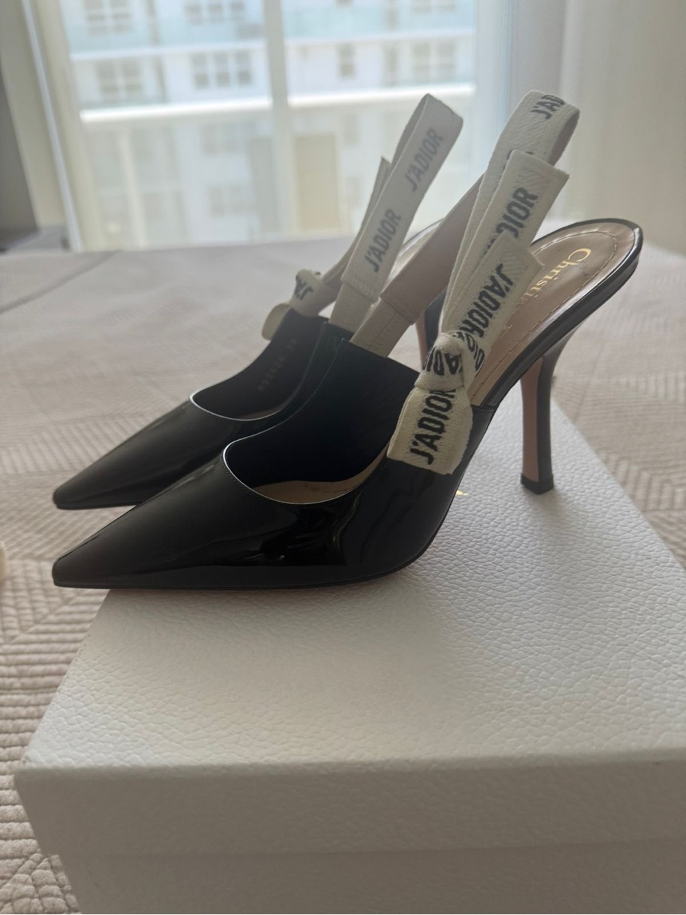 Dior Black Patent Slingback Pumps with J'Adior Ribbon